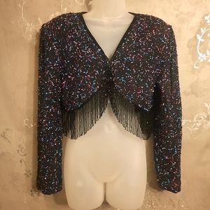 VINTAGE SCALA SILK BEADED SEQUIN CROPPED FRINGE BOLERO JACKET / TOP